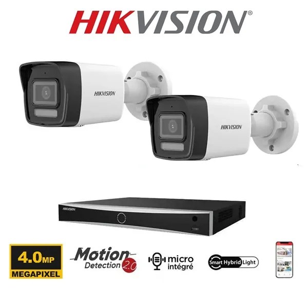 Kit vidéosurveillance Hikvision 2 caméras PoE Bullets 4MP avec IA et vision de nuit couleur 30 mètres-Smart Hybrid Light-microphone