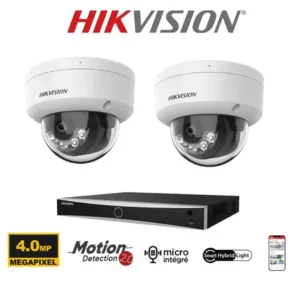 Kit vidéosurveillance Hikvision 2 caméras PoE Dômes 4MP avec IA et vision de nuit couleur 30 mètres-Smart Hybrid Light-microphone