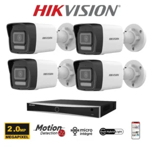 Kit vidéosurveillance Hikvision 4 caméras PoE Bullets 2MP avec IA et vision de nuit couleur 30 mètres-Smart Hybrid Light-microphone