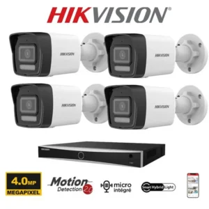 Kit vidéosurveillance Hikvision 4 caméras PoE Bullets 4MP avec IA et vision de nuit en couleur 30 mètres-Smart Hybrid Light-microphone