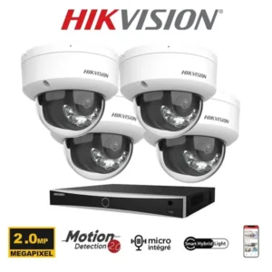 Kit vidéosurveillance Hikvision 4 caméras PoE Dômes 2MP avec IA et vision de nuit couleur 30 mètres-Smart Hybrid Light-microphone