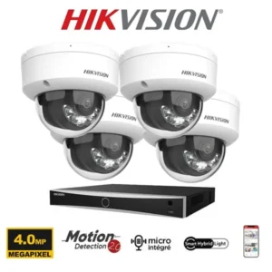 Kit vidéosurveillance Hikvision 4 caméras PoE Dômes 4MP avec IA et vision de nuit couleur 30 mètres-Smart Hybrid Light-microphone