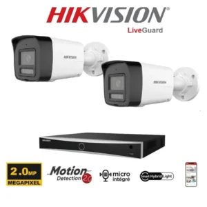 Kit vidéosurveillance Hikvision 2 caméras PoE Bullets 2MP avec IA et LiveGuard Sirène et Flash-Smart Hybrid Light-microphone