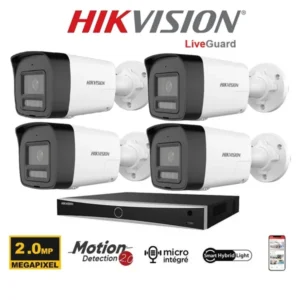 Kit vidéosurveillance Hikvision 4 caméras PoE Bullets 2MP avec IA et LiveGuard Sirène et Flash-Smart Hybrid Light-microphone